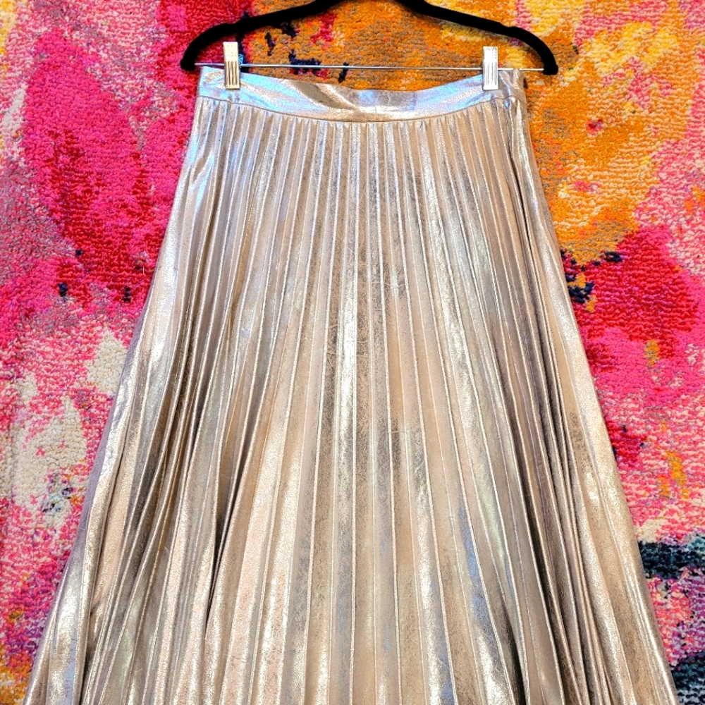 Zara Faux Leather Gold Pleated Skirt